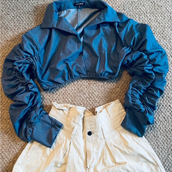 Blue Ruched Crop Top - Picture 1 of 5